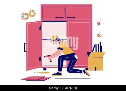 Möbelmontage. Handwerker, Tischler, Möbelinstallateure montieren Kleiderschrank mit Handbohrer, Vektor-Illustration. Stock Vektor