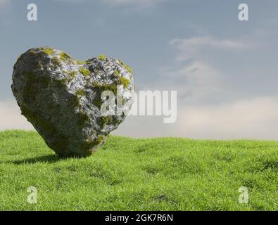 Ein Fels in Herzform steht auf einer üppigen Wiese, 3d-Rendering Stockfoto