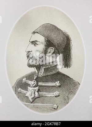 General Omer Pascha. Gravur von 1854. Omar Pasha, auch bekannt als Omer Pasha Latas (1806 – 1871), war ein osmanischer Feldmarschall und Gouverneur. Er wurde auf österreichischem Gebiet als Sohn serbisch-orthodoxer christlicher Eltern geboren und diente zunächst als österreichischer Soldat. Stockfoto
