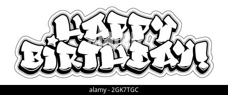 Glückwunschkarte zum Geburtstag. Lesbarer Text im Graffiti-Stil. Schwarze Linie auf weißem Hintergrund isoliert. Stock Vektor