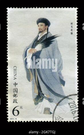 Die in China gedruckte Briefmarke zeigt das Bild des Three Kingdom Zhuge Liang aus dem Jahr 2014-18, um 2014. Stockfoto