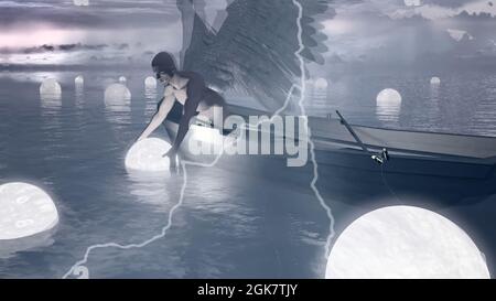 Engel sammelt schwebende Seelen im Wasser. Donner schlägt. Spirituelle Zusammensetzung. 3D-Rendering Stockfoto