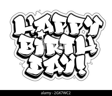 Glückwunschkarte zum Geburtstag. Lesbarer Text im Graffiti-Stil. Schwarze Linie auf weißem Hintergrund isoliert. Stock Vektor