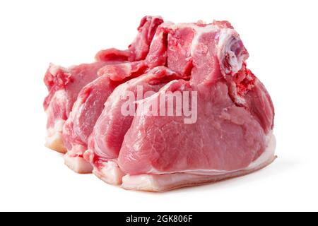 Stück Schweinefleisch in Steaks auf weiß isoliert gehackt Stockfoto