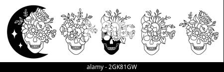 Set von Totenköpfen mit einer Rose im Line-Art-Stil. Stock Vektor