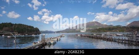 Drei Ruderboote, die am Ufer des Ashi-Sees festgemacht wurden, schauten auf den Berg Fuji, Präfektur Kanagawa, Japan Stockfoto