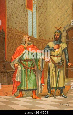 Alfonso X. von Kastilien und Leon, genannt der Weise (1221-1284) und sein Sohn Sancho IV., genannt der Tapfere (1258-1295), König von Kastilien und Leon. Illustration von J. Alaminos. Chromolithographie. Historia General de España (Allgemeine Geschichte Spaniens), von Miguel Morayta. Band II. Madrid, 1889. Stockfoto