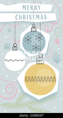Weihnachts-Retro-Postkarte mit Weihnachtskugeln 16x9 vertikal Stock Vektor