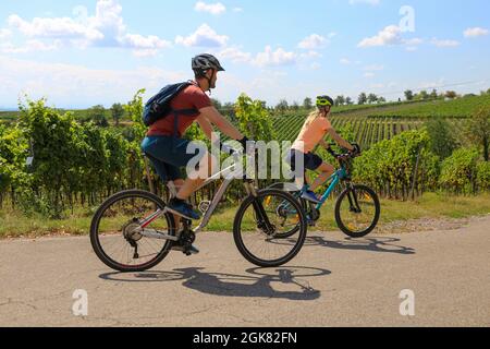 Junges Paar auf einer Fahrradtour in den Weinbergen Stockfoto