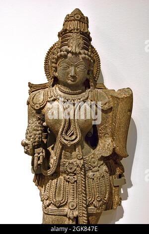 Himmlische Schönheit, 1100 - 1200 Karnataka Indien, Schiefer, 83,0 cm × 33,0 cm × 17,0 cm, Stil, Hoysala, ( Statue eines himmlischen Dieners, aus einer Tempelnische entnommen. In der rechten Hand hält die Frau eine Frucht und in der linken (abgerissenen) einen Fliegenpinsel. ) Stockfoto