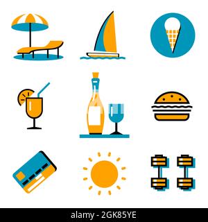 Eine Reihe von Ikonen zum Thema eines Sommerurlaubsorts am Strand. Yacht, Sonnenschirm, Wein, martini, Eis, Hot Dog, Sonne, Hanteln und Kreditkarte. Vektor isoliert Stock Vektor