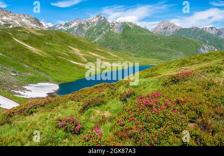 Schöne Landschaft am Kleinen Sankt Bernhard Pass an einem Sommernachmittag, zwischen Italien und Frankreich. Stockfoto