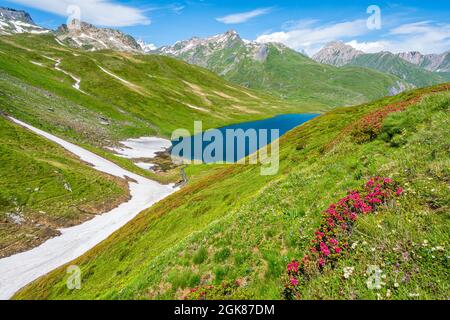 Schöne Landschaft am Kleinen Sankt Bernhard Pass an einem Sommernachmittag, zwischen Italien und Frankreich. Stockfoto