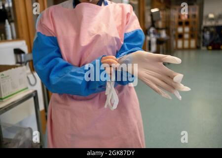 Medizinisches Personal bereitet sich auf den Tag auf der Intensivstation des Krankenhauses Lüttich vor, das von Covid 19 stark betroffen ist. Lüttich, Belgien. Stockfoto