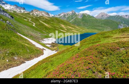 Schöne Landschaft am Kleinen Sankt Bernhard Pass an einem Sommernachmittag, zwischen Italien und Frankreich. Stockfoto