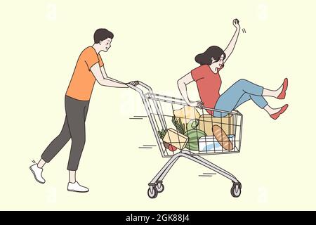 Freizeit, Urlaub und Spaß Konzept. Junge glückliche Paar Cartoon-Figuren täuschen Spaß zusammen im Supermarkt Trolley Gefühl spielerisch aufgeregt Vektor-Illustration Stock Vektor