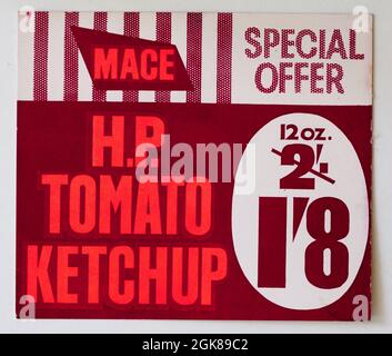 Karte mit Preisdisplay für den Vintage-Shop der 1960er-Jahre – HP Tomatenketchup Stockfoto