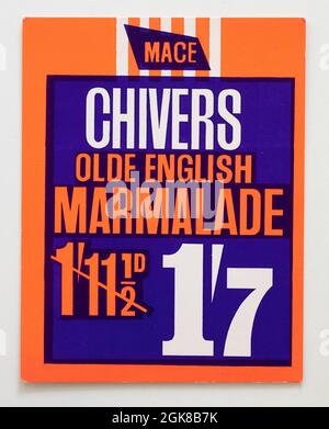 Vintage 1960er Shop Preis Display Card - Chivers Old English Marmalade Stockfoto