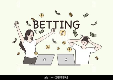Online-Wetten und Wette-Service-Konzept. Sportspiel. Junge glücklich lächelnd paar Cartoon-Figuren stehen beobachten Online-Sport-Übertragung gewinnen viel Geld auf Wetten Vektor Illustration Stock Vektor
