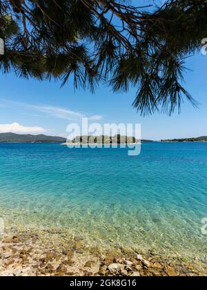 Wunderschöne Insel vor dem Ufer des kleinen Fischerdorfes Jezera auf der Insel Murter, Kroatien, berühmt für das wunderschöne türkisfarbene Meer und die dichten, grünen Kiefern Stockfoto