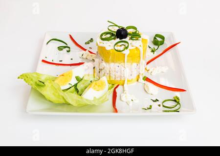 Peruanische Causa limeña Gericht mit viel Dekoration mit Gemüse und Kräutern auf einem weißen Teller Stockfoto