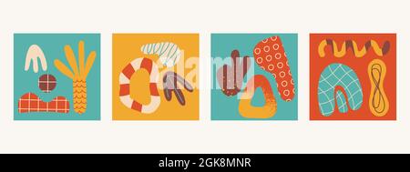 Satz von quadratischen abstrakten Hintergründen. Handgezeichnete trendige Kritzeleien. Vektorgrafik für Design. Stock Vektor