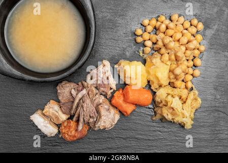 Bild von oben von Cocido madrileño mit seinen drei Dumps, Cocido-Suppe, Kichererbsen mit Kartoffeln und Gemüse, Rindfleisch, Chorizo und Speck auf schwarzem Schiefer Stockfoto