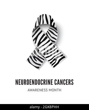 Neuroendokrine Krebswahrnehmung Bändchenvektor-Illustration isoliert auf weißem Hintergrund. Realistisches Vektor Zebra Print Seidenband mit Schleife Stock Vektor