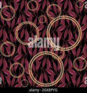 Wiederholbare goldene Kreise und farbiger Hintergrund mit Frühlingsblättern Stockfoto