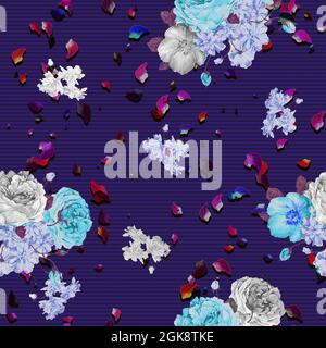 Wiederholbare, nahtlose bunte Blumenmuster mit dunklem Hintergrund Stockfoto