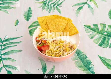 Schüssel mit komplettem mexikanischen Salat mit Pulled Chicken, Pico de gallo, Frischkäse und geschreddertem Käse mit gelben Mais-Nachos Stockfoto