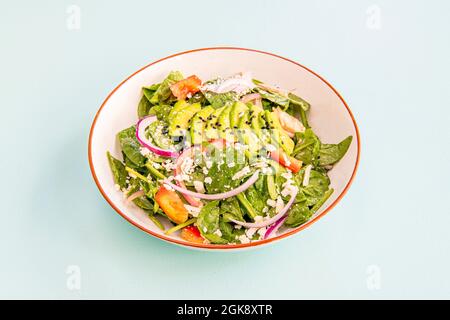 Weiße Schüssel mit rotem Rand mit Spinatsalat mit Guacamole, Tomaten und roten Zwiebeln, Käse und Mohn. Stockfoto