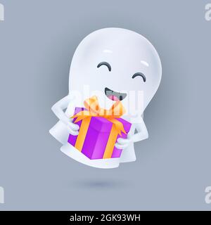 Niedlicher, lächelnder weißer Geist mit einer Geschenkbox in den Händen. Frohe Halloween. Symbol für freundliches Phantom. Lächelnder 3D-Charakter. Vektor-Illustration einer Seele in Stock Vektor