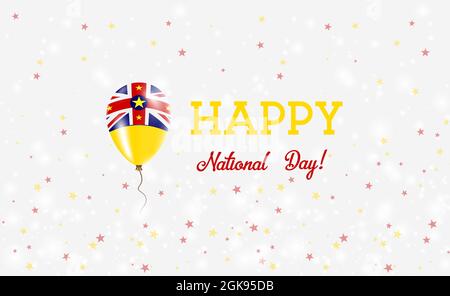 Patriotisches Plakat zum Nationalfeiertag Niue. Fliegender Gummiballon in den Farben der Niuean Flagge. Hintergrund des Niue Nationaltages mit Ballon, Konfetti, Sternen, Bo Stock Vektor