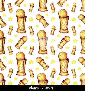 Aquarell-Illustration eines Basketballpokals und der Sterne. Nahtloser Sport-Repeating-Druck geeignet für Tapeten, Bezüge, Verpackungen, Stoffe. Stockfoto