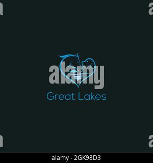 Es gibt Pferd, Hund, Welle, Baum und Liebe kombiniert, um das Great Lake Logo zu machen. Stock Vektor