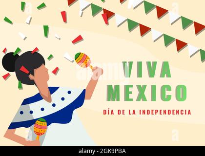 viva Mexico mit Frauen verwendete traditionelle Kleidung und hielt Maracas Stock Vektor