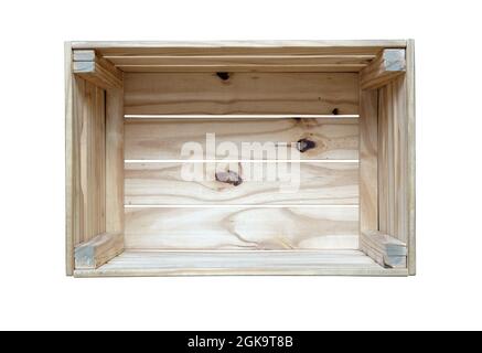 Altes Holzkratz und Palettenholz isoliert auf weißem Hintergrund, Ansicht von oben. Stockfoto