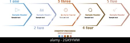 Startup Business Wizard für Marketing und SEO Diagramm mit fünf Schritten. Projekt- und Geschäftsentwicklungsplan für die Fortschrittsüberwachung Stock Vektor