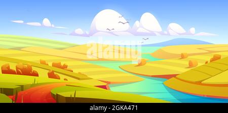 Rustikale Herbstwiesenlandschaft, ländliches gelbes Feld mit Feldweg, Fluss, Heuhaufen und Berg am Horizont. Farmland Parallax Effekt, Landschaft Landschaft Herbst Jahreszeit Natur Cartoon Vektor Hintergrund Stock Vektor