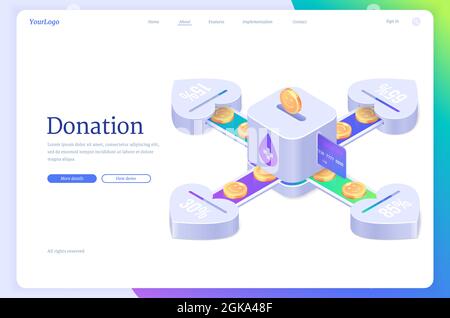 Isometrische Landing Page für Spenden. Wohltätigkeitsorganisationen, Freiwilligenarbeit und soziale Hilfe, Münzen fallen in Geldschachtel-Slot und teilen sich zwischen Herzen für Stiftungshilfe Bedürfnisse. 3D-Vektor-Webbanner für Philanthropie Assistance Stock Vektor