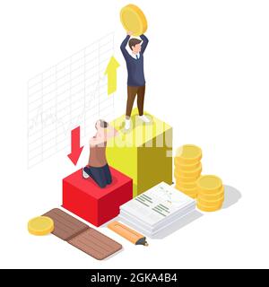 Glücklicher Geschäftsmann, erfolgreicher Investor, der finanziellen Erfolg feiert, flache Vektor-isometrische Illustration. Stock Vektor