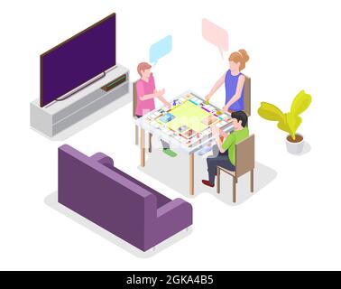 Glückliche Kinder spielen Brettspiel am Tisch sitzen, flache Vektor isometrische Illustration. Freizeitaktivitäten zu Hause. Stock Vektor