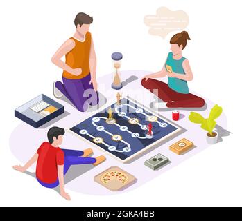 Glückliche Familie mit Kind spielen Brettspiel sitzt auf dem Boden, Vektor isometrische Illustration. Freizeitaktivitäten zu Hause. Stock Vektor