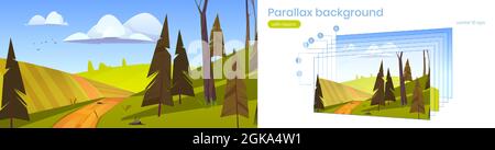 Parallax Hintergrund, Natur ländliche Landschaft, Cartoon 2d-Szene mit Feldweg entlang grünes Feld mit Nadelbäumen und blauen Himmel. Landschaft Sommer Wald, getrennt Schichten Vektor-Illustration Stock Vektor