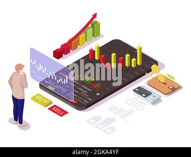 Geschäftsmann investieren in die Börse, flache Vektor isometrische Illustration. Mobiles Aktienhandelskonzept. Stock Vektor