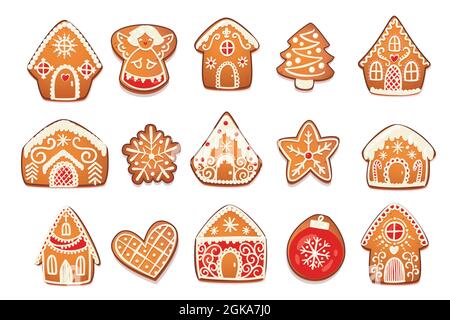 Lebkuchenhäuser und Kekse Set. Niedliche traditionelle Weihnachtsfiguren mit weißer Verzierung. Vektorgrafik. Stock Vektor