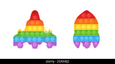Lassen Sie es sich nicht nehmen. Set von trendigen sensorischen Spielsachen. Rocket geformt Antistress Kinder Spiel. Buntes Handspielzeug mit Push-Blasen. Vektordarstellung in Stock Vektor