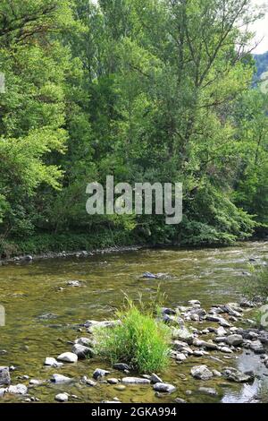 Fluss Segre in seiner Passage durch die Stadt Martinet in der Region Baja Cerdaña, Lerida, Katalonien, Spanien Stockfoto