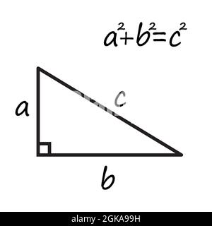 Satz von Pythagoras auf weißem Hintergrund. Pythagoras-Satz Gleichungszeichen. Theorie des Pythagoras-Symbols. Flacher Stil. Stockfoto